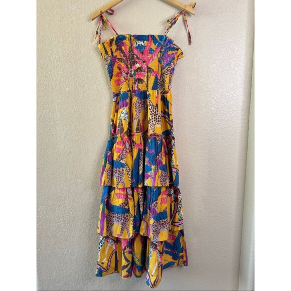 Oliphant Tie Strap Tiered Midi Dress Womens Size Small Kruger Saffron Tropical - Picture 9 of 14